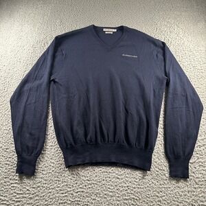 Peter Millar Sweater Mens M VNeck 100% Merino Wool Navy Guggenheim Logo Pullover